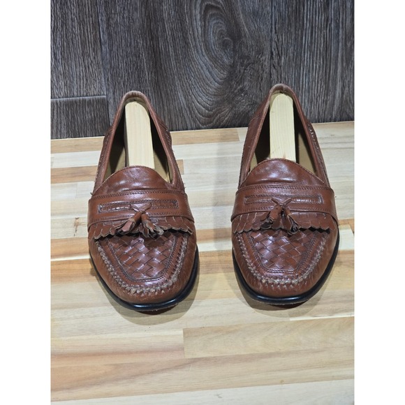 Bass Loafers Woven Leather Tassel Kiltie Slip On 9.5 Brown Dress Shoes Vintage - Picture 2 of 16